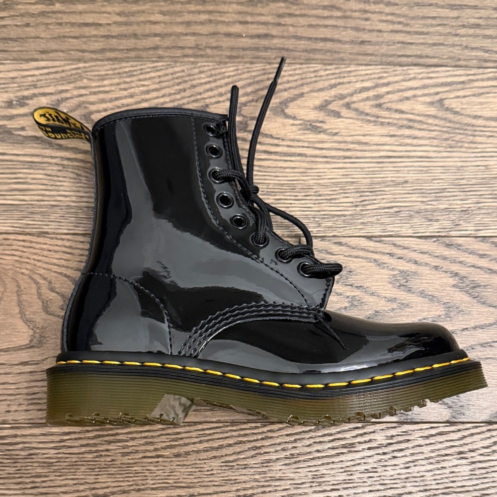 NEW Dr. Martens Shiny Black Boots with Yellow Stitching